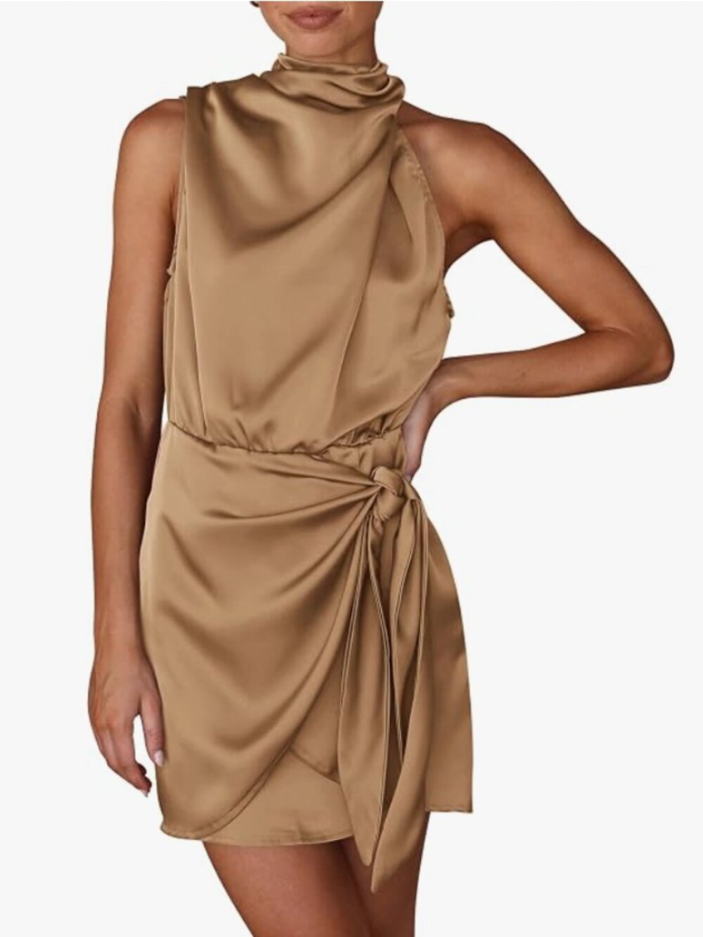 Women's Short Formal Satin Dress Sleeveless Mock Neck Tie